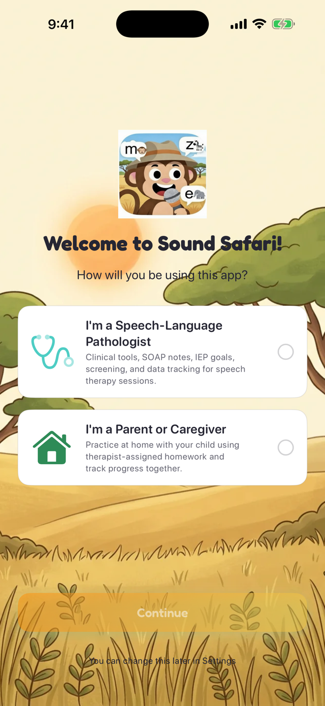 Choosing between I'm an SLP and I'm a Parent on first launch