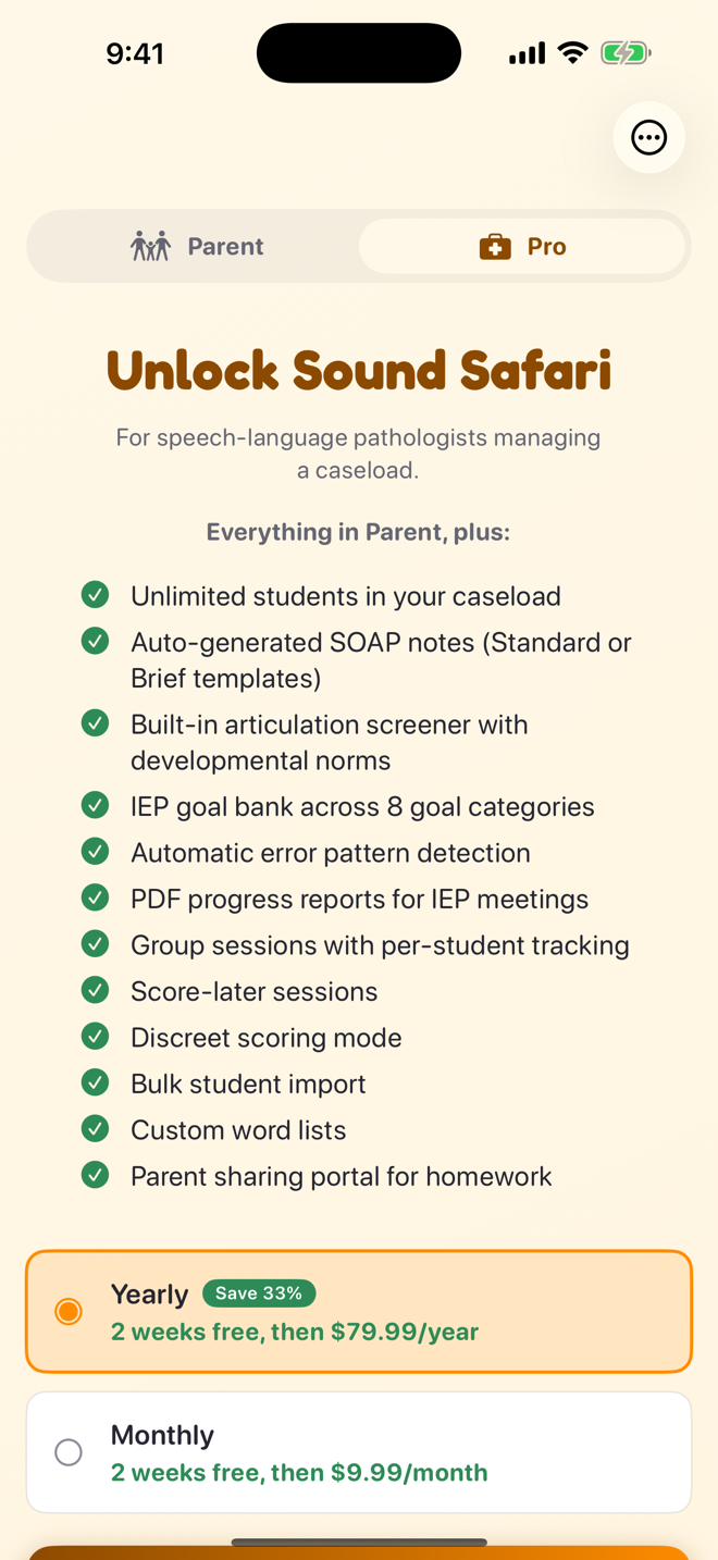 The Sound Safari plan picker showing the Pro plan options