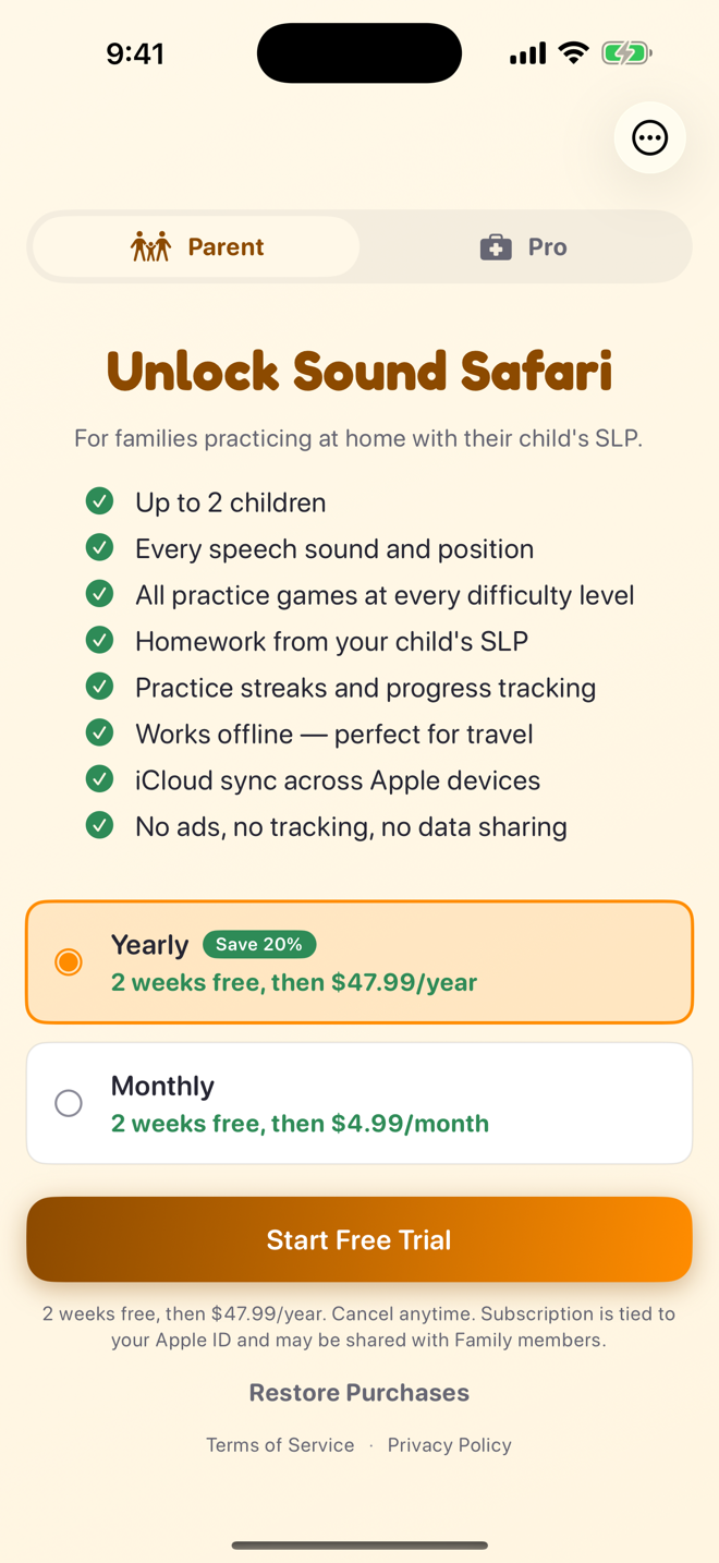 Choosing between the Parent and Pro plans, with the Parent plan selected