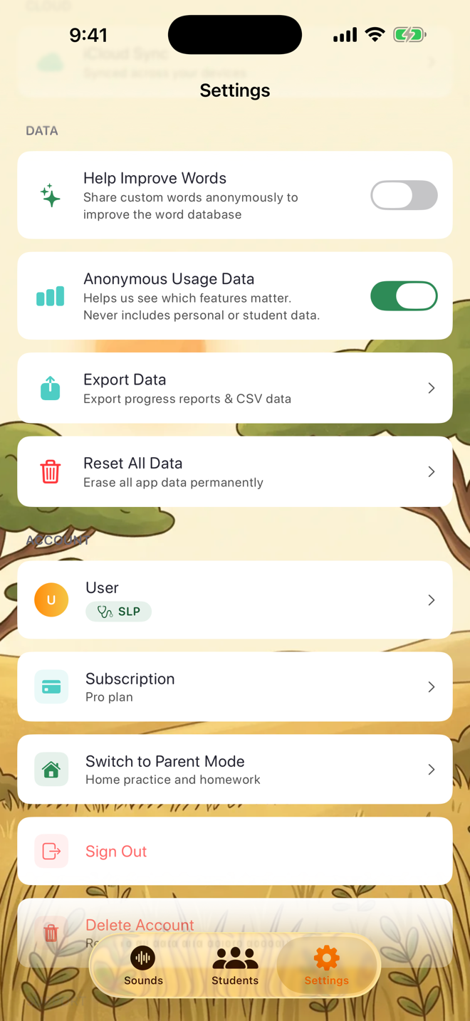 The Account section in Settings with the Delete Account row