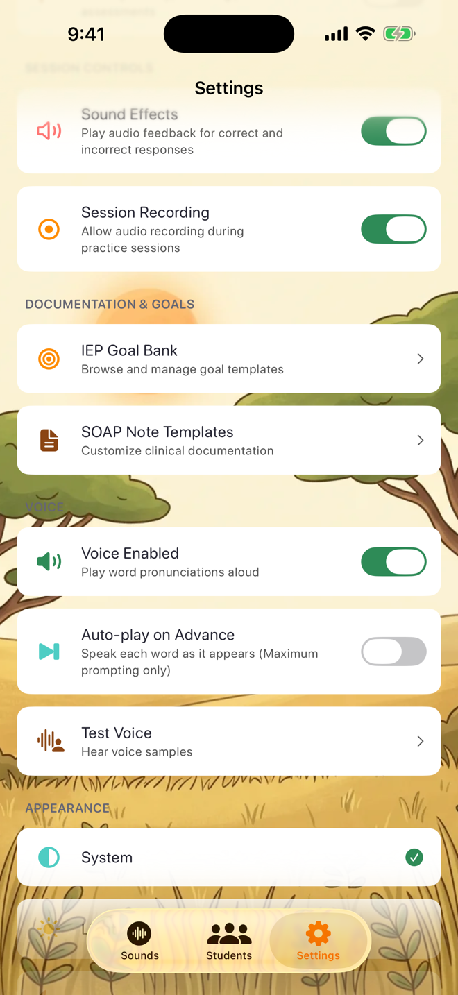 The Voice section in Settings β Voice Enabled, Auto-play, and Test Voice