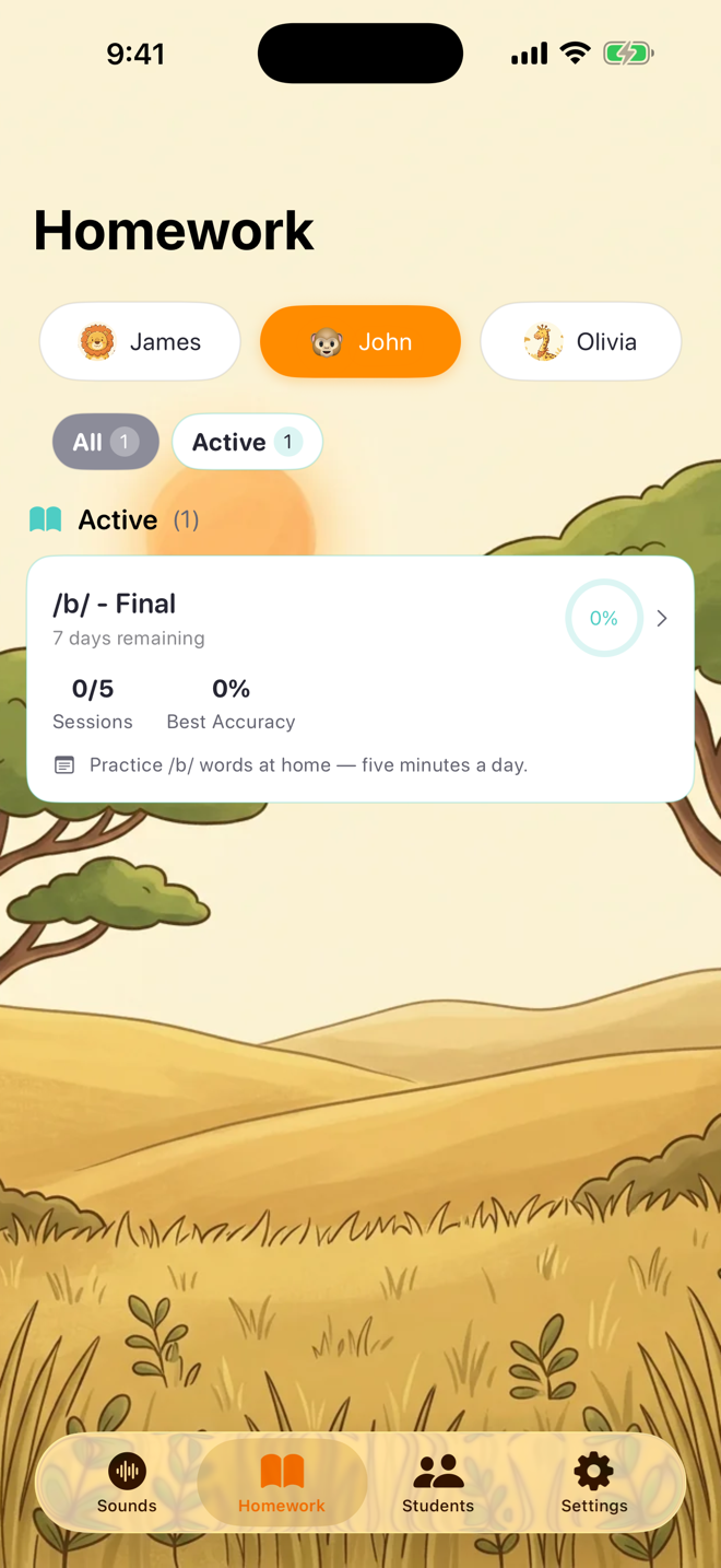 Parent Mode home screen with the Homework tab and assigned practice