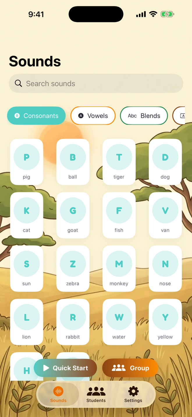 Therapist Mode home screen with the full sound library and Quick Start