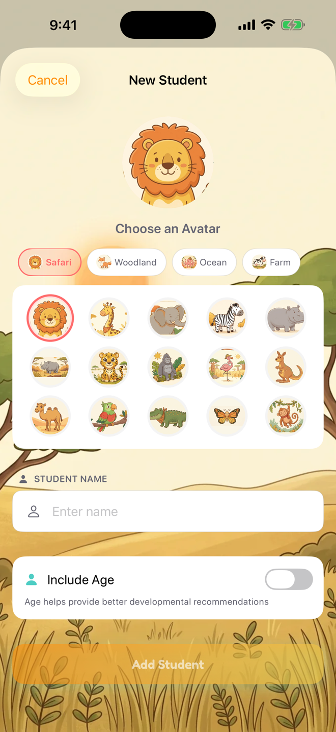 The Add Student sheet with name field and safari avatar picker