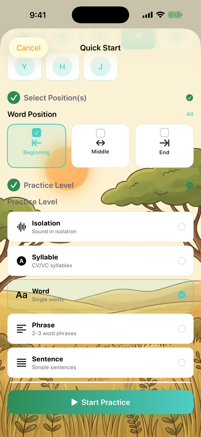 Choosing the practice level — isolation to story
