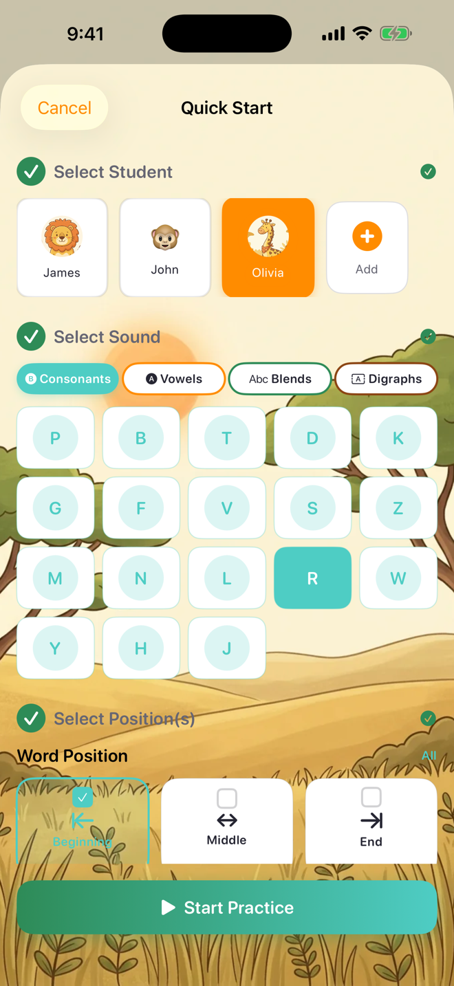 Quick Start — choose a student, sound, and position