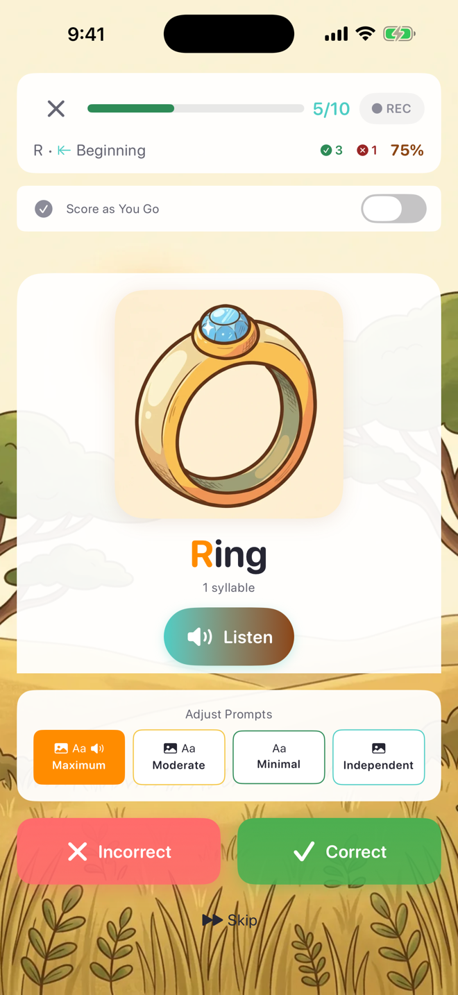 A practice session in progress with scoring buttons and the prompt-level adjuster