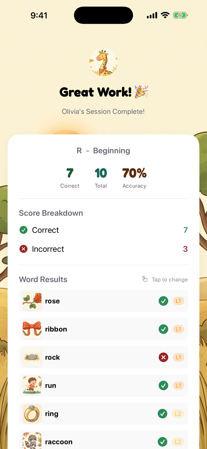 The session results screen with accuracy and word breakdown
