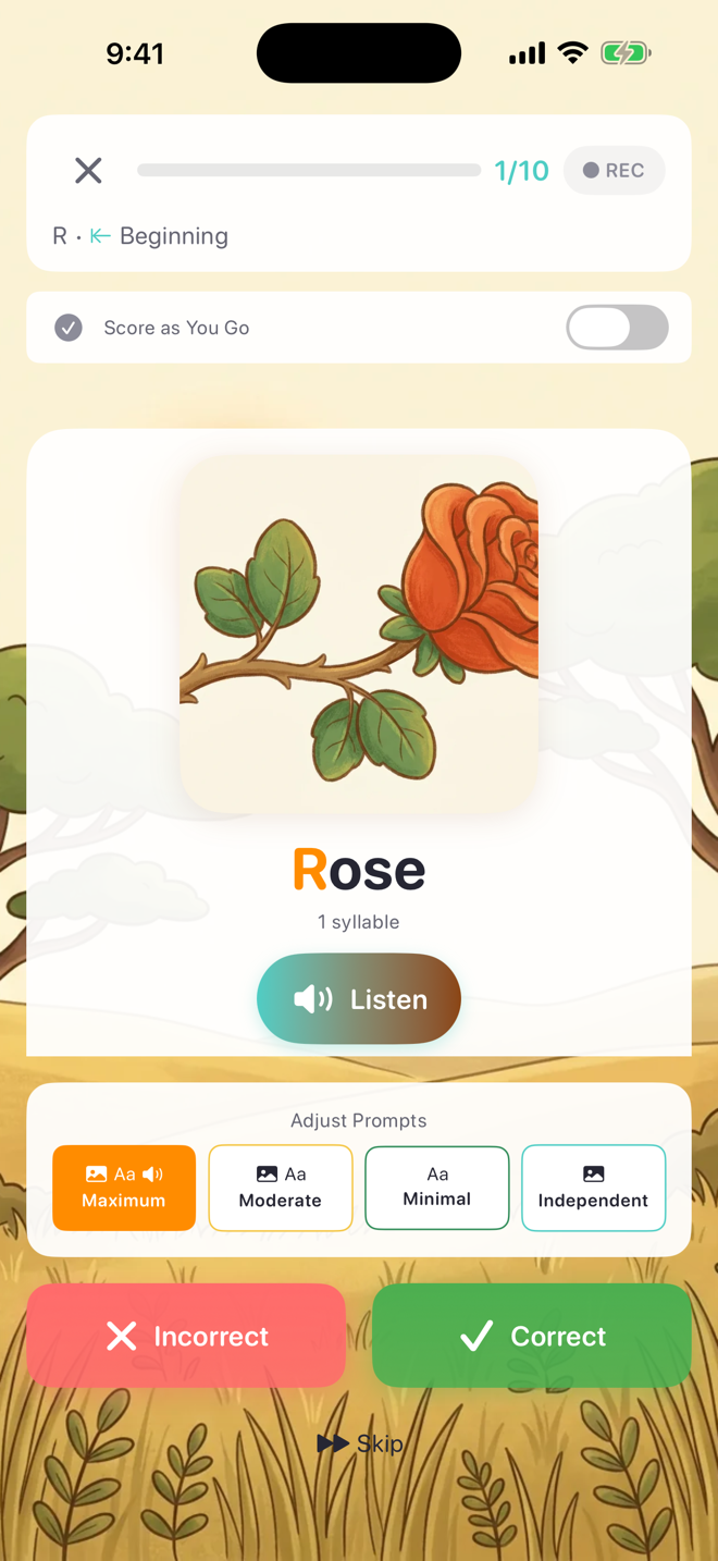 A practice word with the default Incorrect and Correct buttons