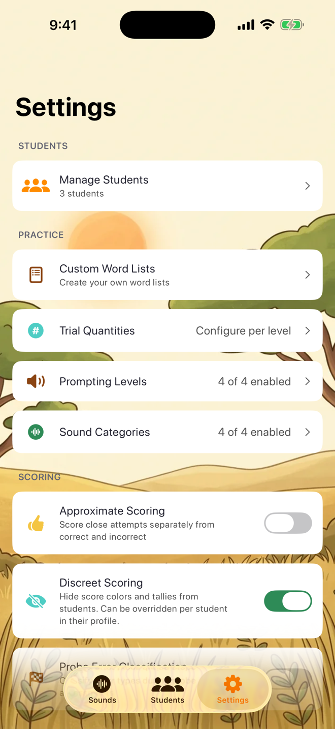 The Scoring section in Settings with Approximate Scoring and Discreet Scoring toggles