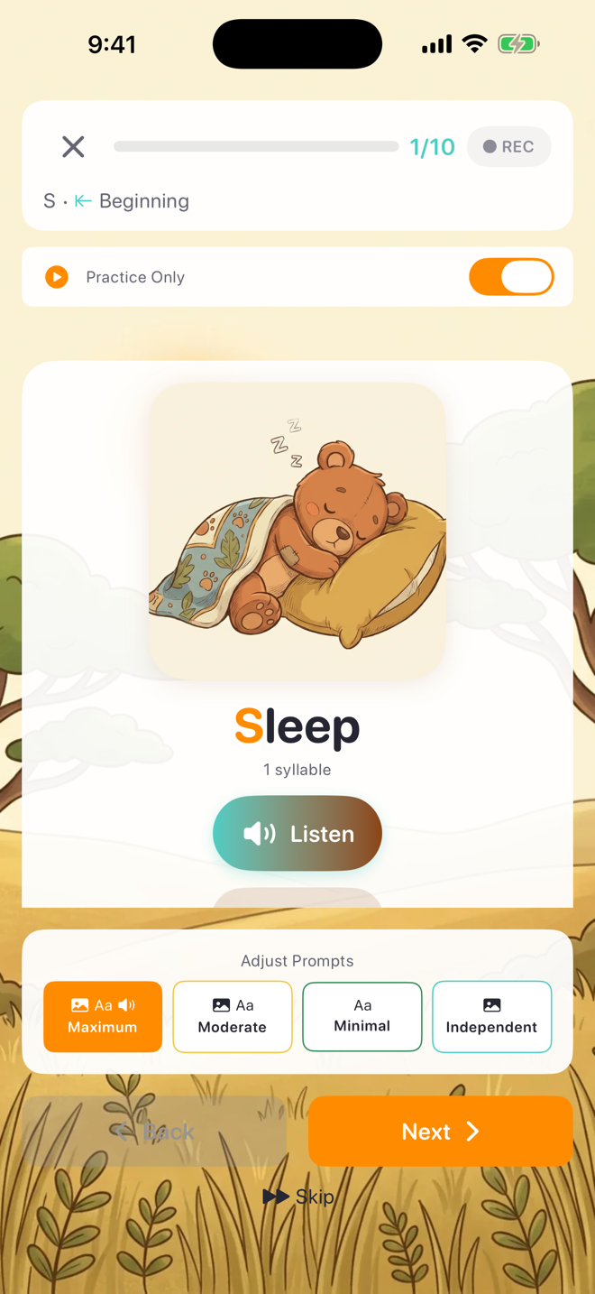 Practice Only mode — the scoring buttons replaced by Back and Next