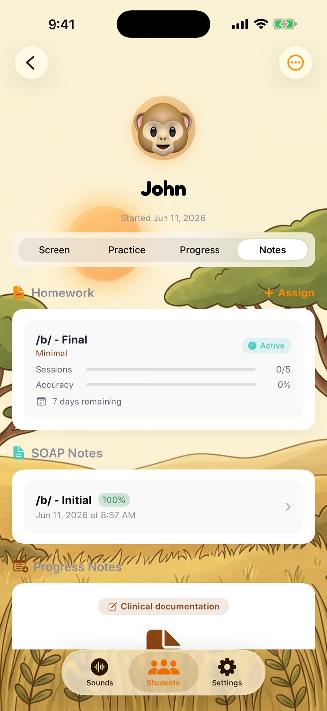 The SOAP Notes list on a student's Notes tab