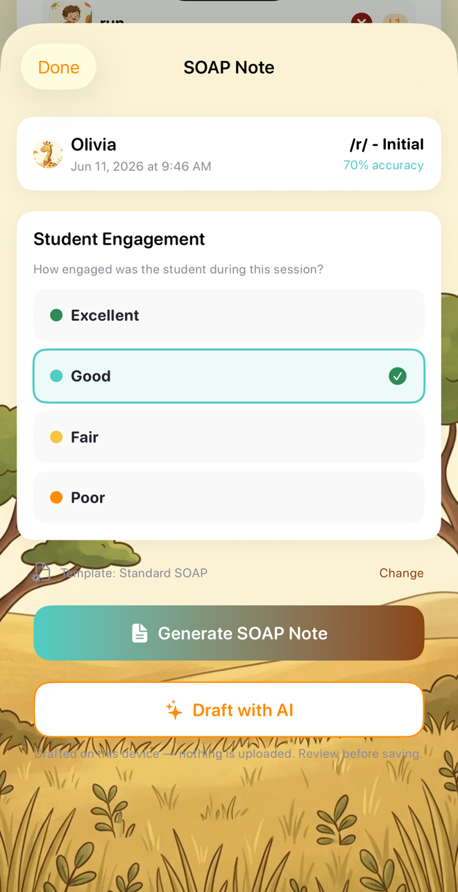 The SOAP note screen on an Apple Intelligence device — Generate SOAP Note plus Draft with AI, with the on-device disclosure