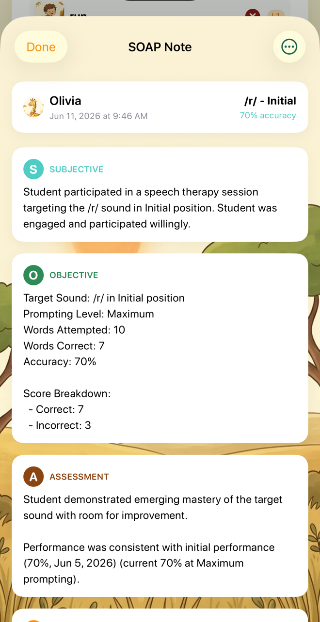 An auto-generated SOAP note with all four sections filled from session data