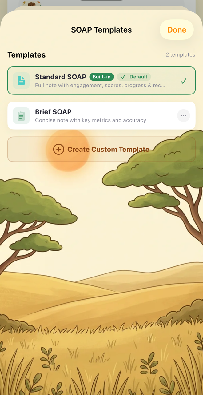 The SOAP note screen with template selection and Generate SOAP Note