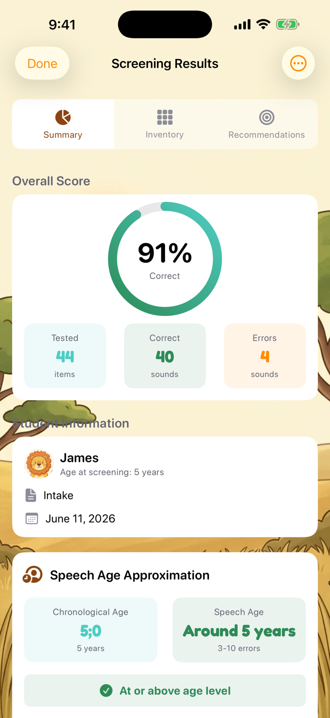 Screening results — overall score with Summary, Inventory, and Recommendations tabs