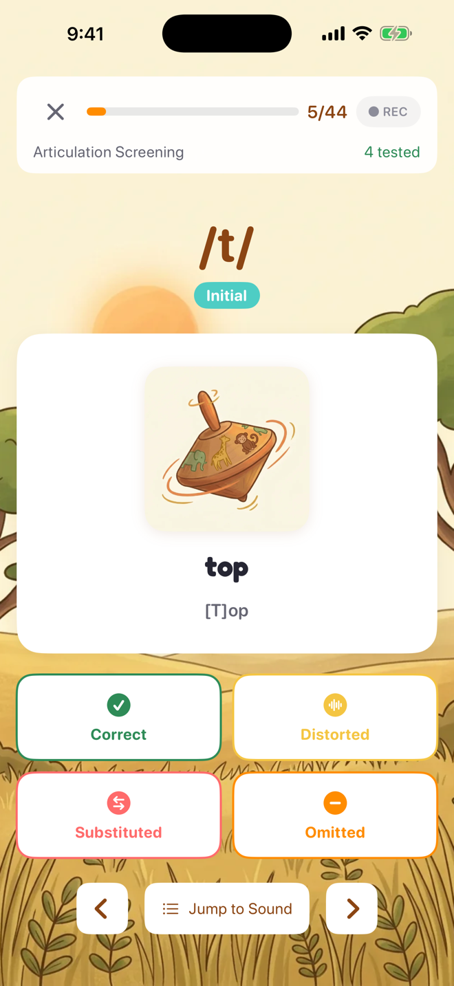 A screening in progress — quick-tap scoring for each sound