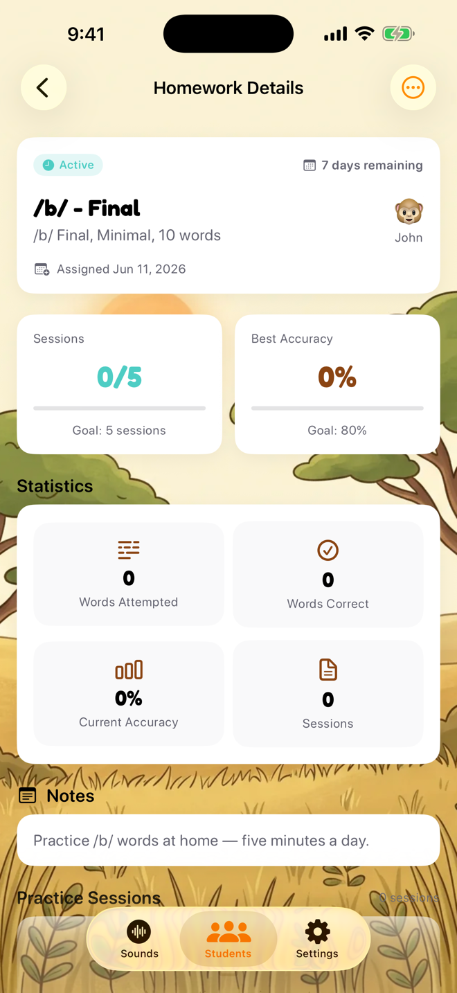 A homework assignment with sessions, accuracy, and statistics