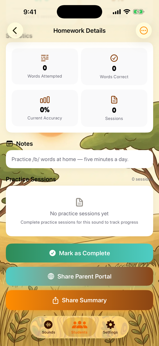 The share actions on a homework assignment — Parent Portal and Summary