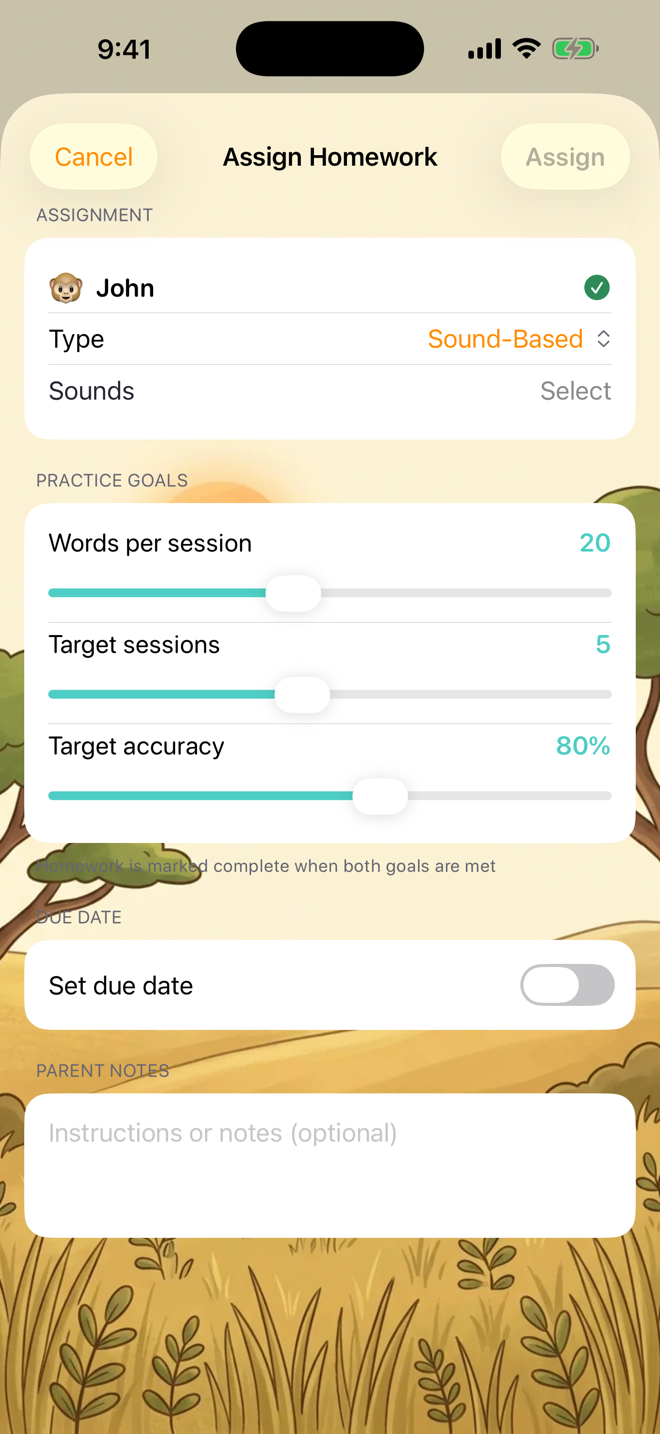 Creating a homework assignment — type, practice goals, due date, and parent notes