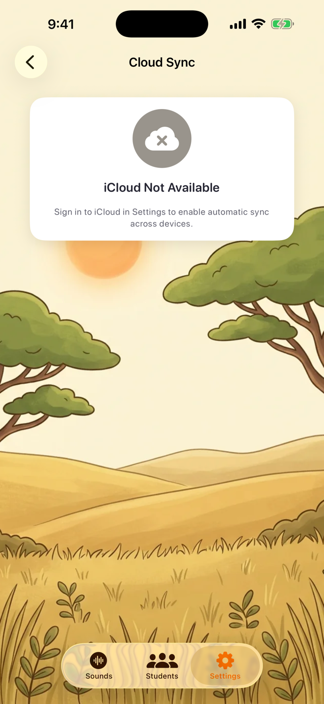 Settings → iCloud Sync showing sync status — here iCloud Not Available because the device isn't signed in