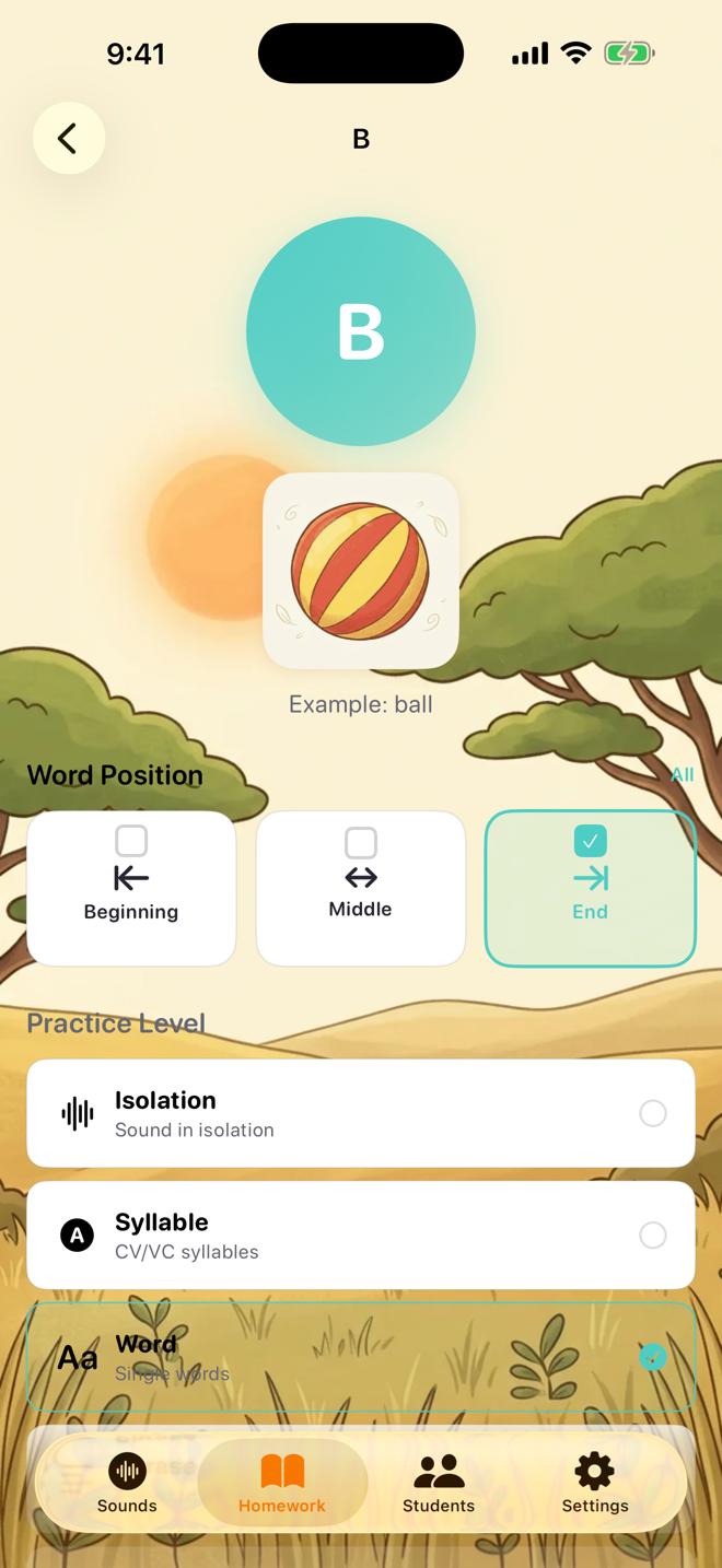 Tapping the assignment opens practice with the assigned sound preselected