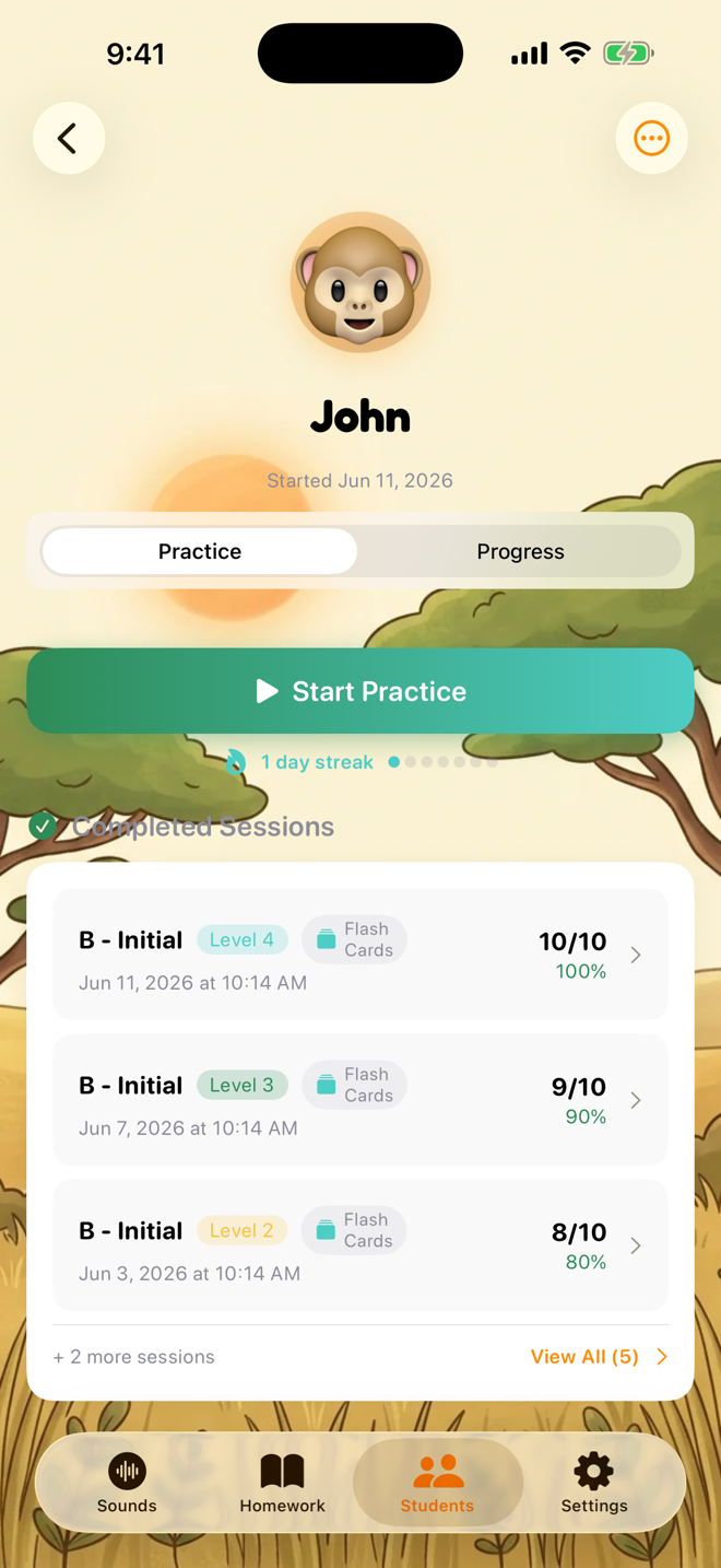Completed sessions with accuracy for each practice