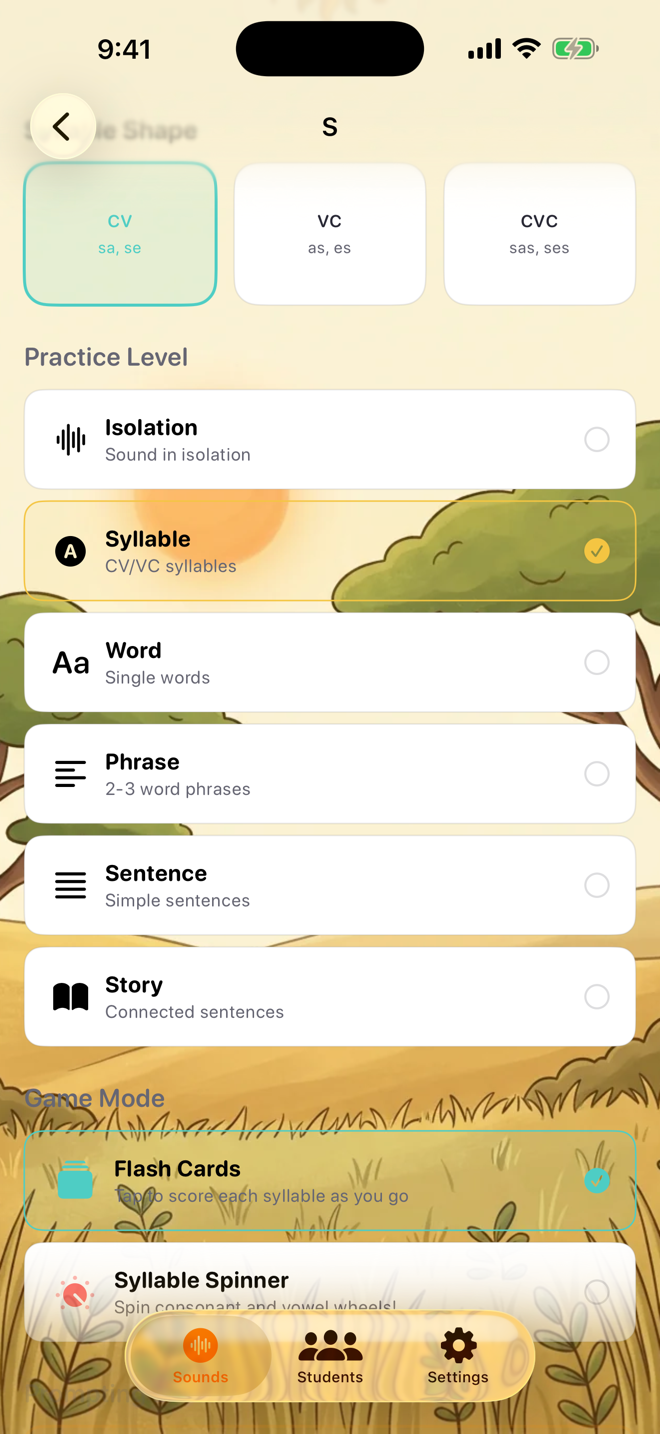 At Syllable level the position section becomes Syllable Shape with CV, VC, and CVC tiles
