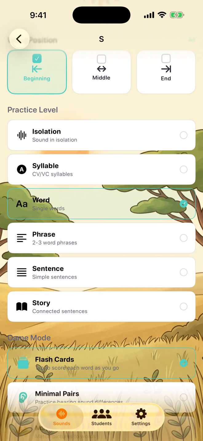 The Practice Level picker showing all six levels from Isolation to Story