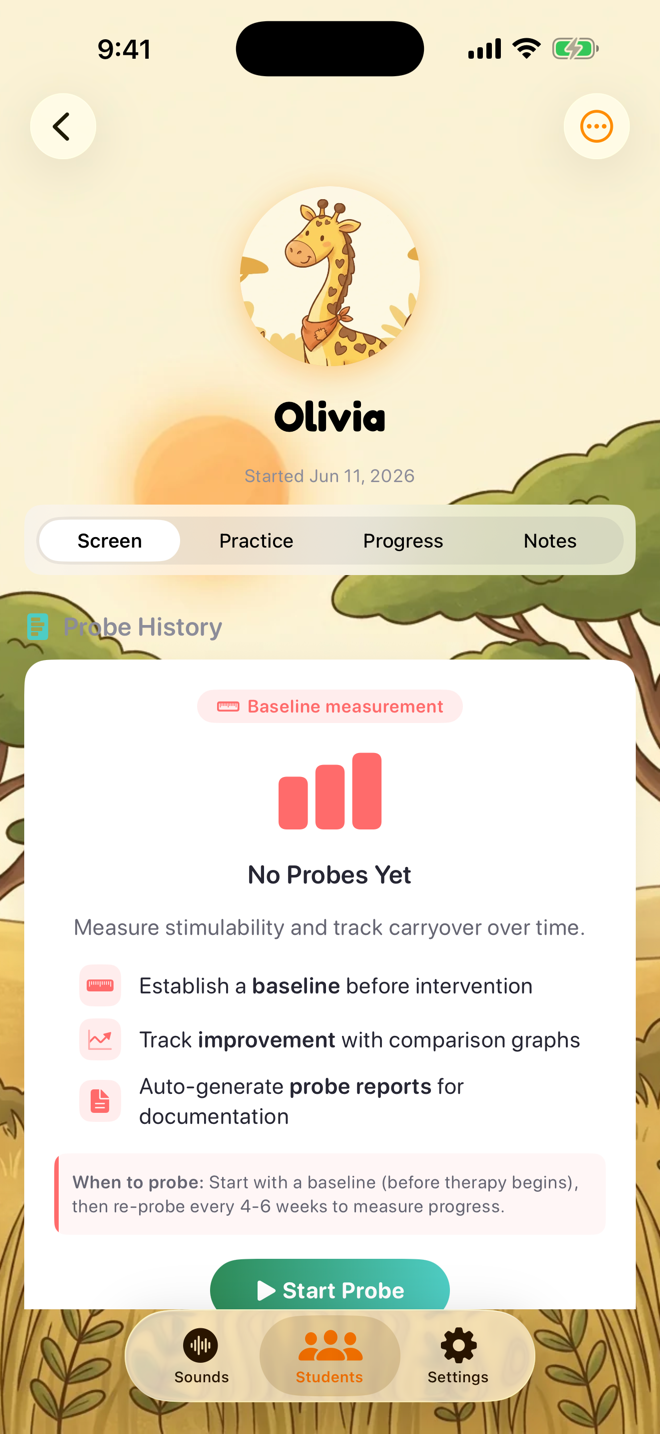 The Probe History section on a student's Screen tab with Start Probe