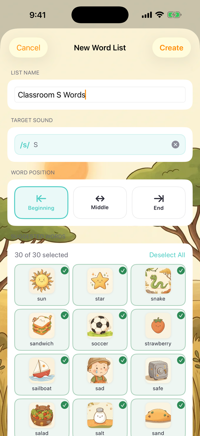 The New Word List builder — name, target sound, position, and suggested words