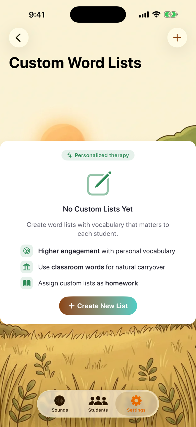 The Custom Word Lists screen with Create New List