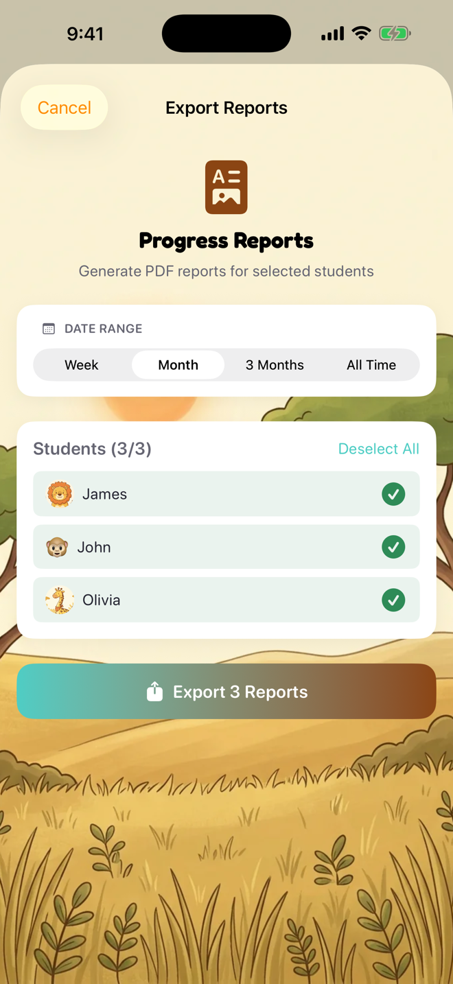 The Progress Reports generator — date range and student selection